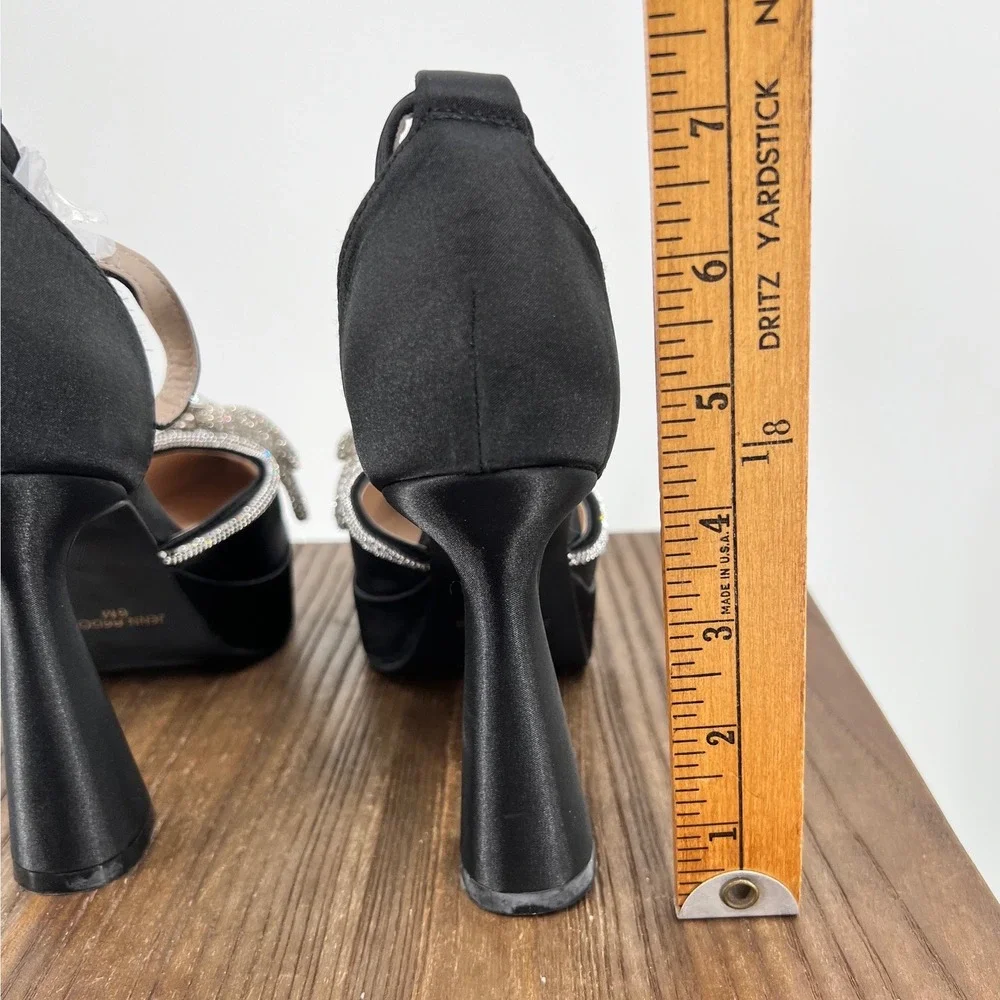 Jenn Ardor Black Satin Platform Heels Rhinestone Bow Pointed Toe Prom 6 NWT